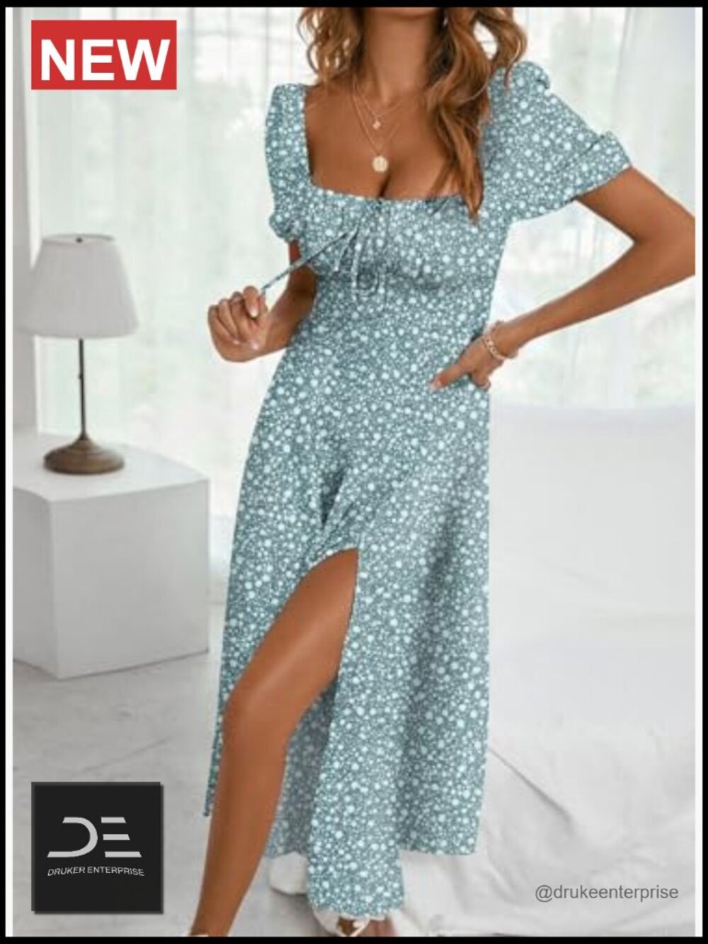 Square Neck Puff Short Sleeve High Waist Midi Dress with Side Slit - Picture 2 of 7